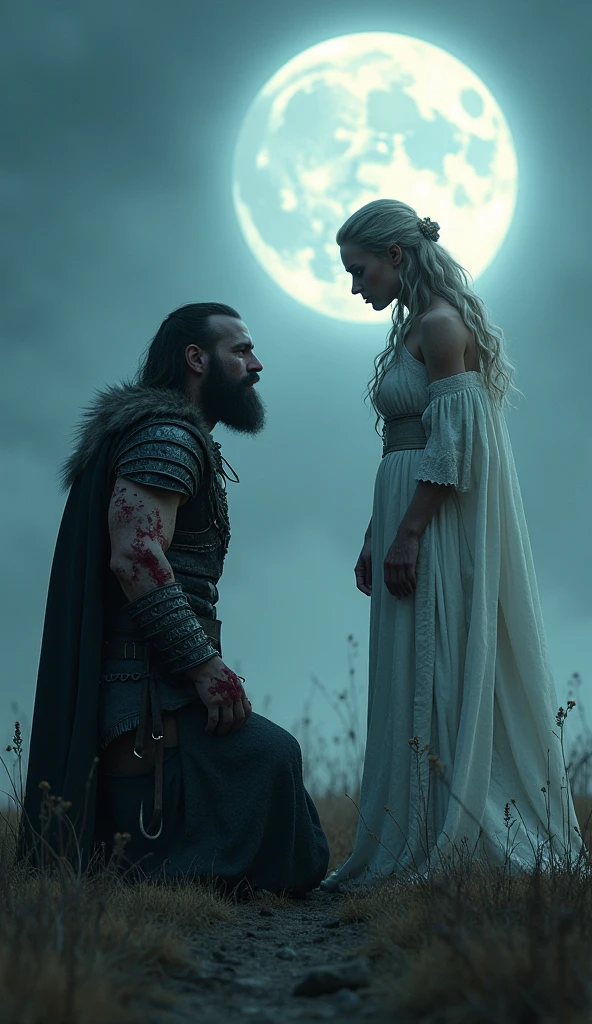 fantasy, night,  deadly wounded nordic viking, IX century, warrior see a goddes in deadly amok, moonlite confession to goddes Freya, warrior confession, wounded and heavy bloody warrior, realistic, bokeh, immersive background of nordic fiords and battlefield at night