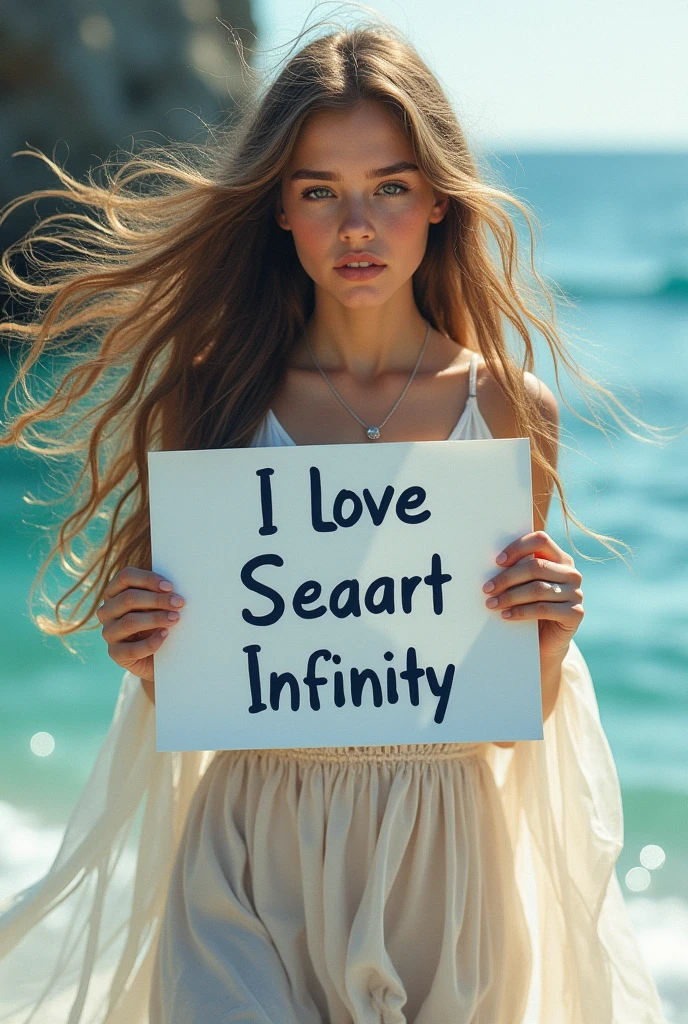 Beautiful girl with wavy long hair, bohemian dress, holding a white board with text "I Love Seaart Infinity" and showing it to the viewer