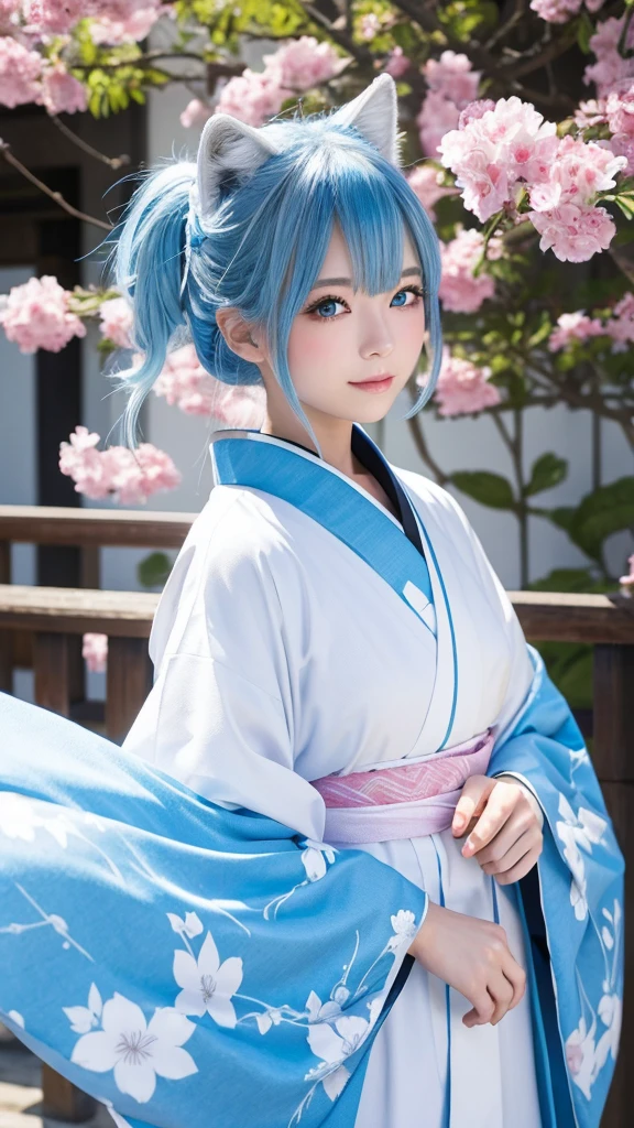 An illustration、Japanese 、White skin、blue eyes、Light blue hair(Wolf Cut)、kimono(Miko costume)、examiner、