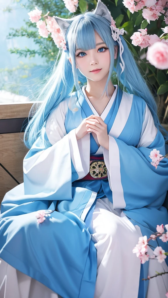 An illustration、Japanese 、White skin、blue eyes、Light blue hair（Wolf Cut）、kimono（Miko costume）、examiner、