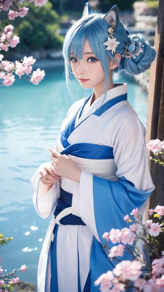 An illustration、Japanese 、White skin、blue eyes、Light blue hair(Wolf Cut)、kimono(Miko costume)、examiner、