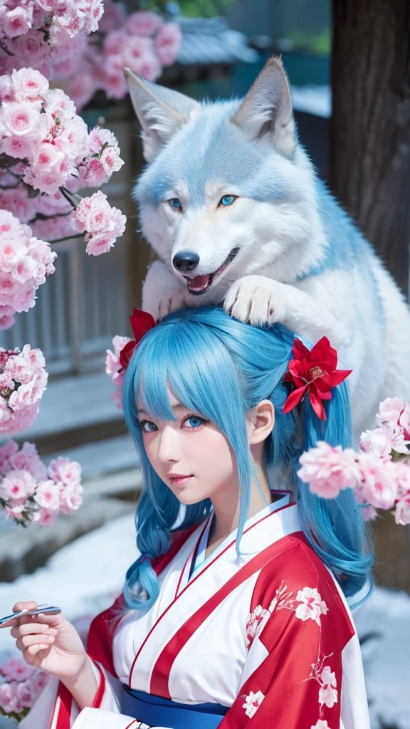 An illustration、Japanese 、White skin、blue eyes、Light blue hair（Wolf Cut）、kimono（Miko costume）、examiner、