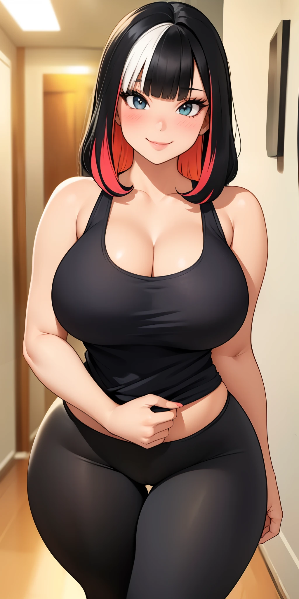 big firm breasts, busty beautiful ((1cute and beautiful girl)), ((multicolored black hair with bangs))extremely sexy body, ((tank top and black leggings)), shy smile, blush, (looking at viewer), in beautiful romantic apartment hallway