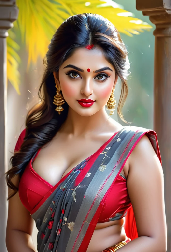 perfect pink eyes, fantastic face, Indian, beautiful look, ((red lips, bright eyes, curve heir 1.5)), ((beautiful details very big breast )), (Straight round and ultra huge clevage, not sagging breast), A glorious gorgeous, glorious gorgeous face, pretty face, full body,bright eyes, detailed elegant printed red saree, updo elegant hair, blurred gray tones background, ultra focus, face ilumined, face detailed, 8k resolution, painted, dry brush, brush strokes, razumov style and garmash style, by Tokaito, ((Full Open )), full body, sexy open thin belly, upper body part totally naked, sexy Big breast, wearing colourful bikini