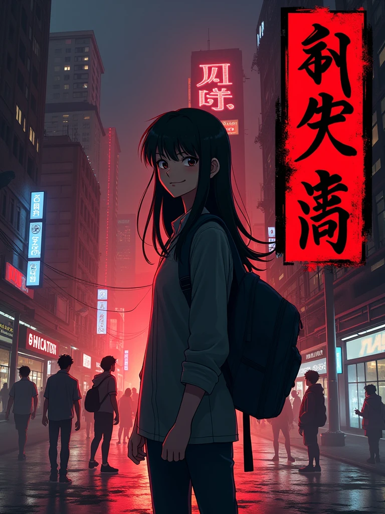 Design a cover for a dark fantasy psychological drama light novel set in Rio de Janeiro in 2050, with a style similar to "inuyasha" ou "Yuyu Hakusho", showing a smiling Japanese teenager holding a backpack with long black hair in the foreground, while in the background other characters fight; use a red and black palette, and put the title in a box in the upper right corner.