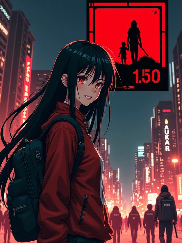 Design a cover for a dark fantasy psychological drama light novel set in Rio de Janeiro in 2050, with a style similar to "inuyasha" ou "Yuyu Hakusho", showing a smiling Japanese ager holding a backpack with long black hair in the foreground, while in the background other characters fight; use a red and black palette, and put the title in a box in the upper right corner.