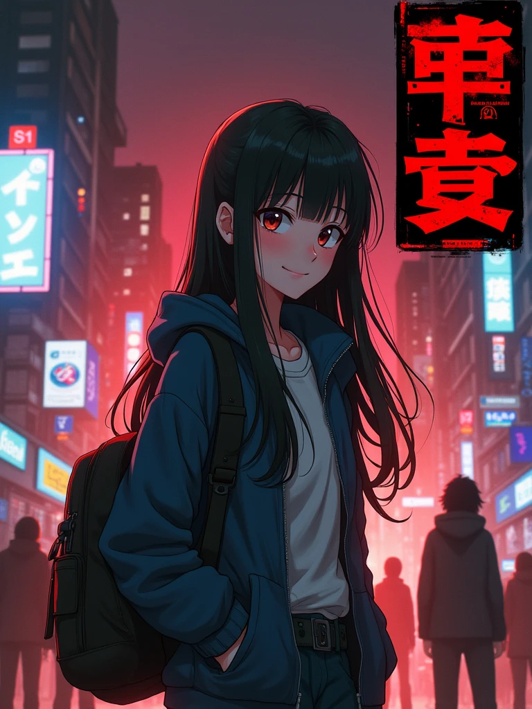 Design a cover for a dark fantasy psychological drama light novel set in Rio de Janeiro in 2050, with a style similar to "inuyasha" ou "Yuyu Hakusho", showing a smiling Japanese teenager holding a backpack with long black hair in the foreground, while in the background other characters fight; use a red and black palette, and put the title in a box in the upper right corner.