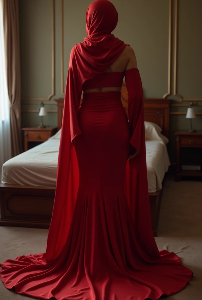 Captivating, elegant woman is engendered in a cascade of four-meter-long, ruby-red, plush satin fabric. The material clings tightly to her figure, spreading out into a pooled train at her feet, mimicking a mermaid's tail. A satin hijab cloaks her head, in bed room, revealing only a hint of her upper body. This full-body portrait radiates a mythical sophistication. Wrapped, eth