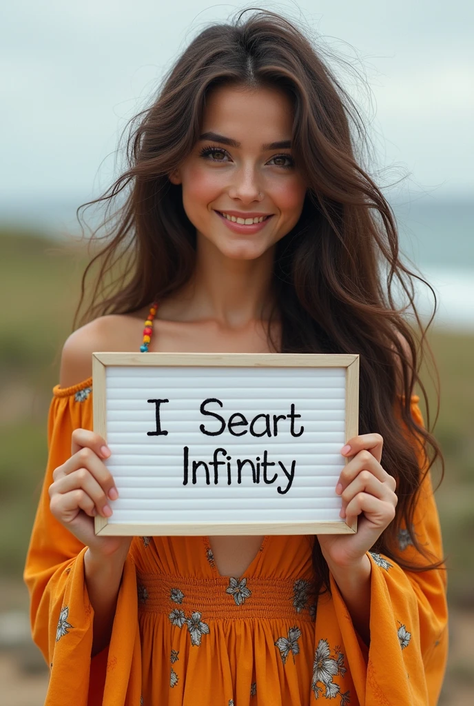 Beautiful girl with wavy long hair, bohemian dress, holding a white board with text "I Love Seaart Infinity" and showing it to the viewer