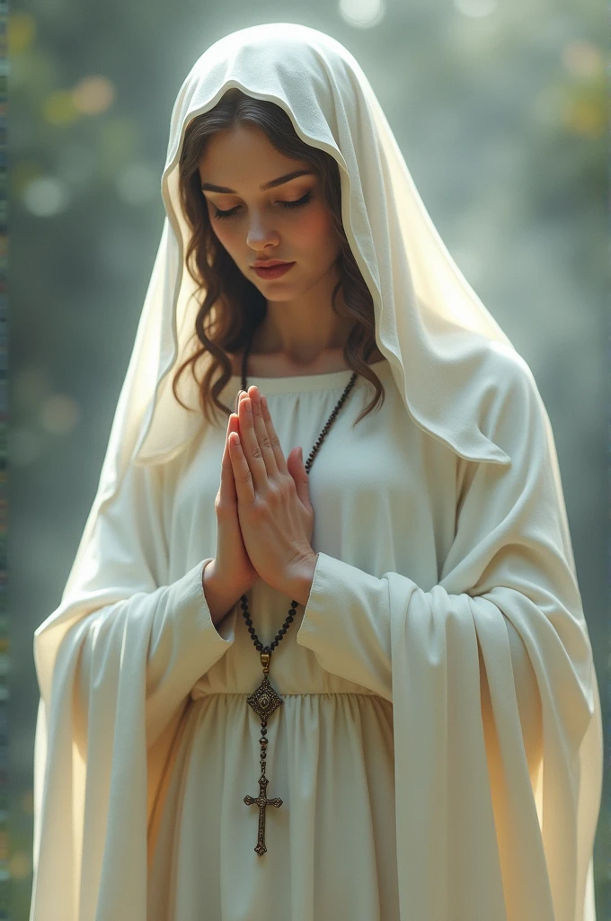Create images of Our Lady with a white veil, modest white dress, with hands folded in prayer with a rosary, looking down