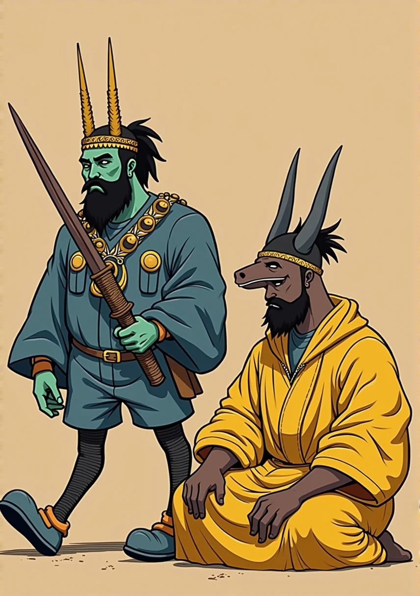Ogun and Oxum next to each other, ogum holding his swords and oxum by his side