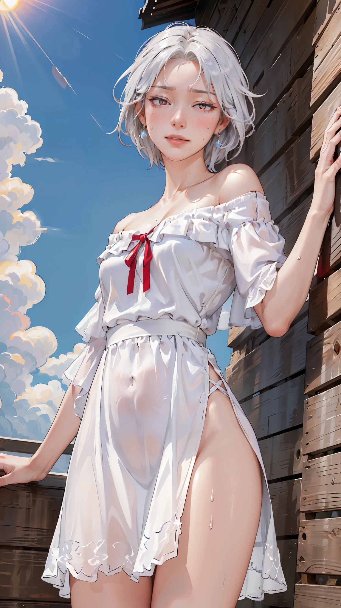 ((((masterpiece, best quality, high resolution)))), Extremely detailed 8K, Beautiful girl with voluptuous body, (Ultra HD, Ultra-detailed, Highly detailed, Highly realistic, Ultra-realistic, photograph realistic), (1girl:1.5), (Realistic white hair), (short silky hair, hair ornaments, earrings), (dynamic poses), facing at camera, looking at viewer, (blushing red, embarrassed, exhausted, smirk), (bright red eyes, sharp eyes), (small perky breasts:1.2), (wide hips:1.2), (beautiful detailed face, beautiful detailed eyes), ((white translucent off shoulder mini sundress)), (detail pussy), (standing up:1.3), sweat, glow, (sunbeam, sunlight), ((cowboy shot)), beach, seductive, glistening sweat