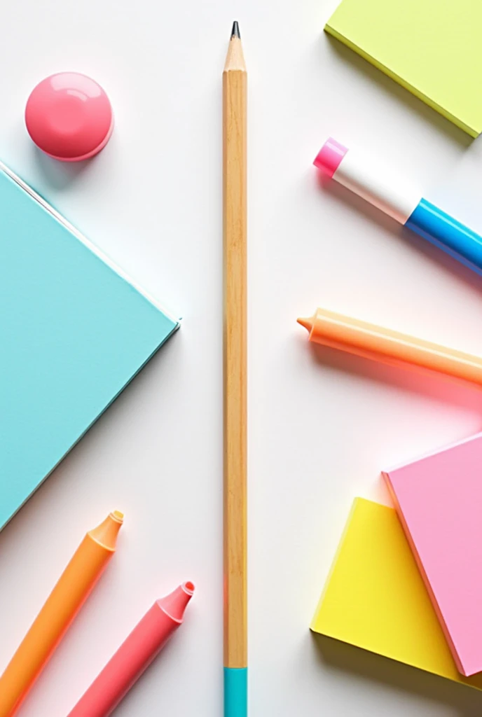 Colorful Stationery Items . ex: notebook, Pencil, gumi, caneta, post-it. com o fundo branco.  Clean and organized image