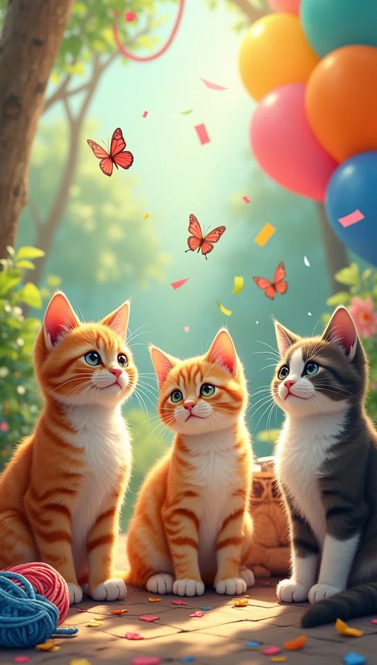 Masterpiece, (ultra high quality, 8k, intricate details), (lively, heartwarming, illustration), (nature environment, vibrant colors), various playful cats, (10_cute_happy_cats), different breeds and colors, interacting with environment, chasing butterflies, playing with colorful yarn, relaxing in cozy spots, surrounded by celebratory elements (balloons, confetti, colorful backdrop), (warm lighting, realistic fur textures, playful expressions, vibrant atmosphere).