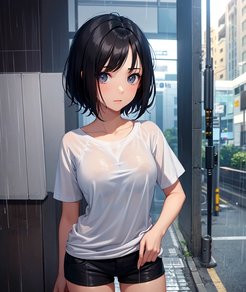 A beautiful young woman with short black hair, a large chest, wearing a T-shirt and shorts, is caught in a sudden downpour in the city. She is completely soaked and looks distressed. The raindrops should be depicted realistically, capturing her full body in the scene. Ensure everything is in the highest quality.realistic skin