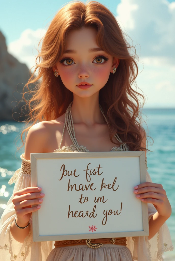 Beautiful girl with wavy long hair, bohemian dress, holding a white board with text "I Love Seaart Infinity" and showing it to the viewer