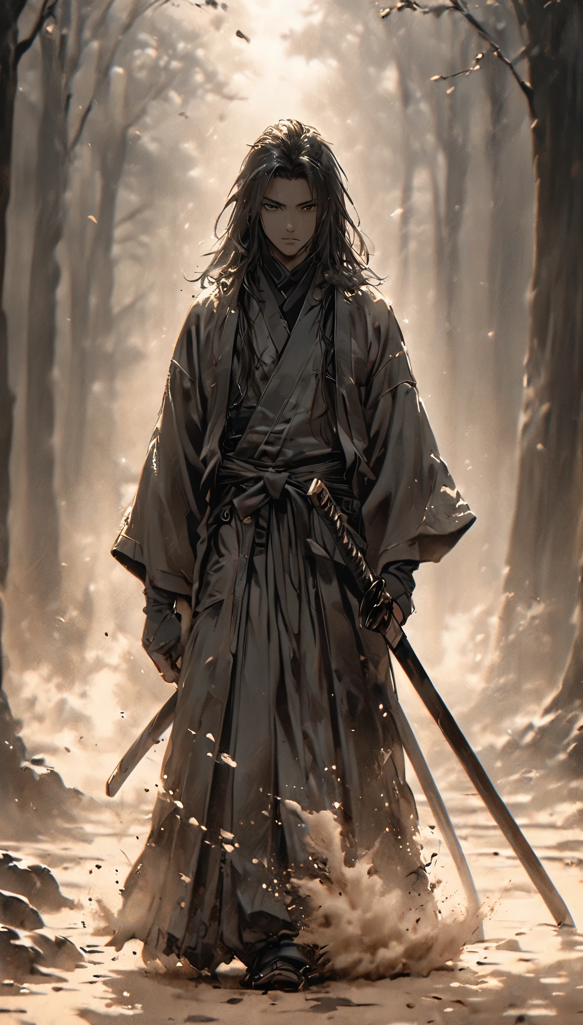 portrait, 1boy, solo, long hair, Japanese clothing, black clothing, samurai, (hakama), (holding weapon, katana), one sword, plain tree, sheath, shadow, ((ink painting style)), black and white, simple background, ((windy)), dust, [cowboy shot], walking toward viewer, POV, ((Akira Kurosawa film)), cinematic lighting, (masterpiece:1.2), best quality, DeepNegative_xl_v1