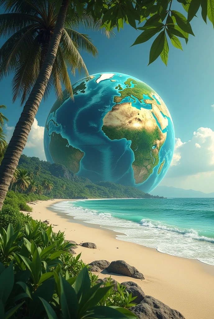 view of a green planet seen from a beach on planet earth
