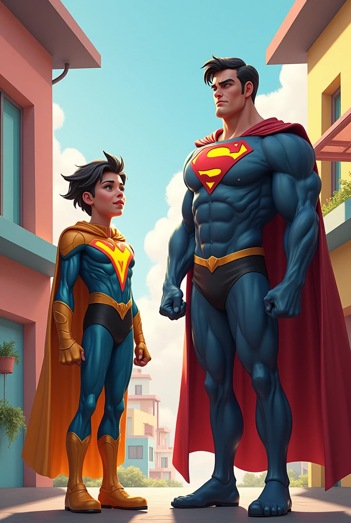Make images of two superheroes without the head part, being a superhero in a child's body and a superhero in an adult's body Make the image more childlike Background more childish Make the father with a more adult body and background more Place different heroes