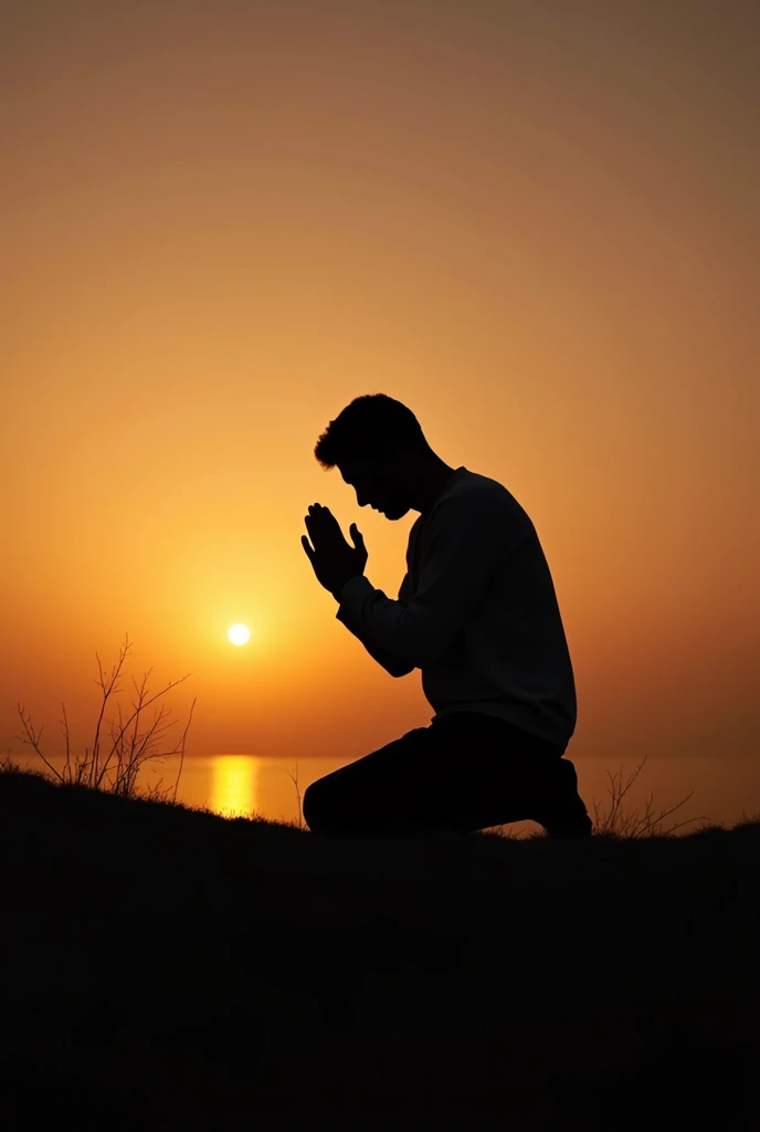 Silhouette of man praying on his knees and hands raised.