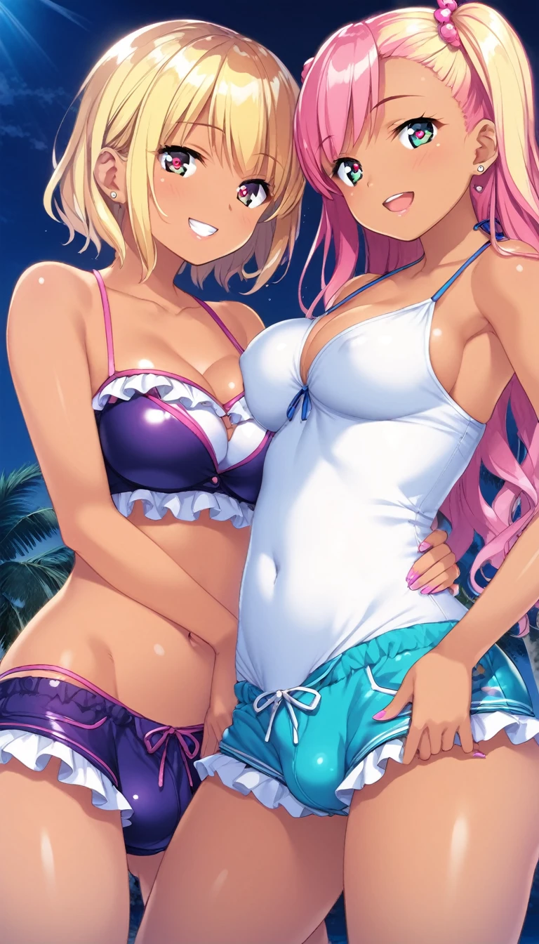 1girl, futanari, trap, large penis, vulgar shorts, tiny girl, young girl, gyaru, japanese gyaru, mesugaki, mesugaki smile, Boyish, long frilled SKIRT, swim suit, big breasts, big ass, thick thighs, Teasing, naughty looks, heart eyes, Lower arm, A girl puts her hand on her crotch, tidy, Focus on the girl, glossy skin, oily skin, Gravure, pinup, junior idols, Masterpiece:2, Top Quality, high Quality, Very Detailed, ultra High Resolution, super High Resolution, Beautiful Detail, Dynamic angles, perfect lighting, 8k, Animation Style, cartoon style, game cg, sfw,