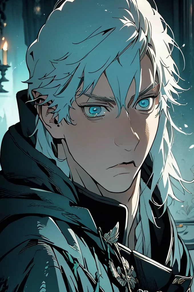 (masterpiece, 32k, 8k) very detailed image, naturally handsome young man, pale skin, shoulder-length silver hair, deep cyan eyes, black and beautiful cloak, image focused on the character's face, character looking fixedly at the viewer, cynical expression , dark background lit by candles