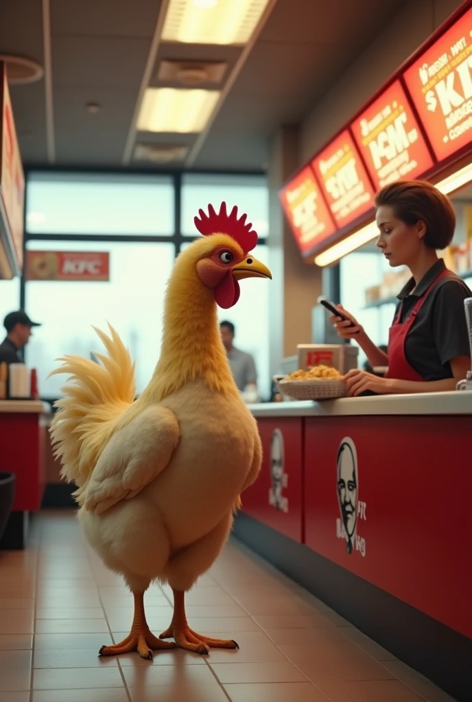 A chicken asking the cashier for food at a KFC