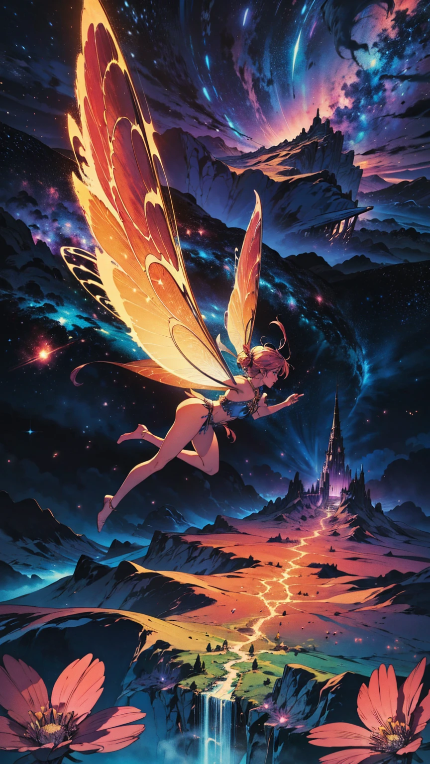Create a beautiful mythical fairy flying over and around (vivid color) flowers, give it bright colors and a cosmic nebula look, HDR, 4K, UHD, 3D.