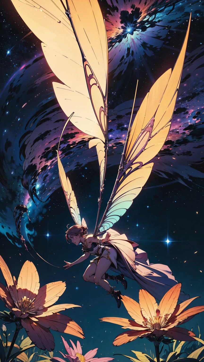 Create a beautiful mythical fairy flying over and around (vivid color) flowers, give it bright colors and a cosmic nebula look, HDR, 4K, UHD, 3D.