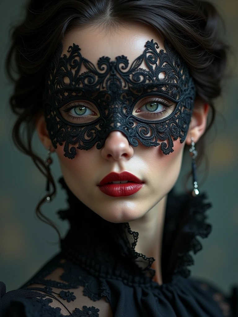 a close up of a person wearing a mask, dreamy gothic girl, elegant render, half body photo, mistress, photoshop render, ebony rococo, elegant girl, female spy, haunting beautiful young woman, super-hero girl, extravagant dress, beauty girl