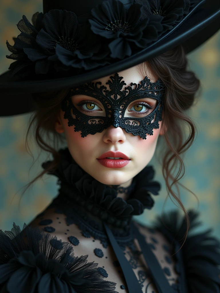 a close up of a person wearing a mask, dreamy gothic girl, elegant render, half body photo, mistress, photoshop render, ebony rococo, elegant girl, female spy, haunting beautiful young woman, super-hero girl, extravagant dress, beauty girl