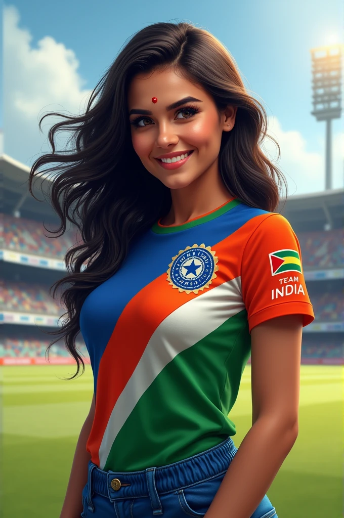 Portrait of A confident-looking Bangladesh woman with flowing long and thick hair, hazel eyes, team India cricket tshirt, a smile on the face, royal and lusty look, red bindi, standing in cricket stadium, c-cup breast, perfect composition, hyperrealistic, super detailed, 8k, high quality, trending art, trending on artstation, sharp focus, photo, intricate details, highly detailed, art by Greg Rutkowski