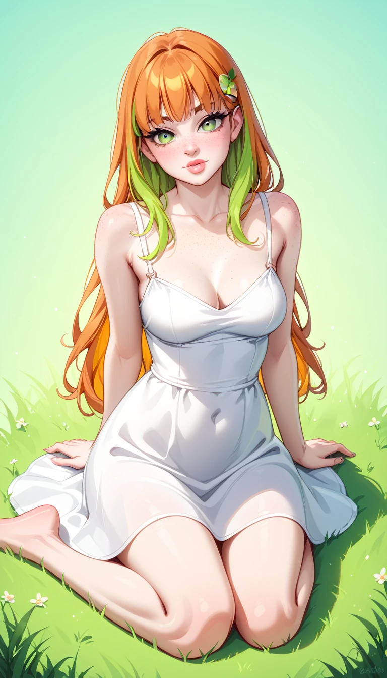 1 Girl, Medium Breasts, Half Orange Hair And Half Lime Green Hair, Split Hair Color, Two Hair Colors, Lime Green Eyes, Nice Eyes, Long Hair Style, Freckles, Nice Lips, Nice Nose, Pale White Skin, Smooth Skin, Uncaring, Sexy, Bitch, Long White Sundress, Sitting on a grassy hill