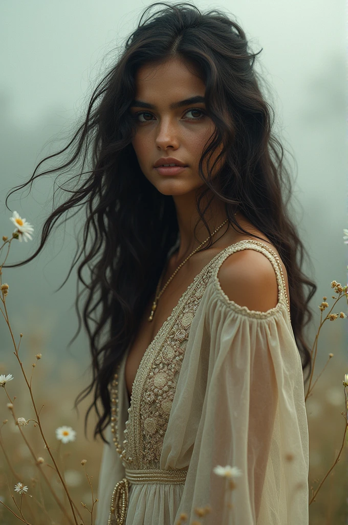 Beautiful Indian girl with wavy long hair, bohemian dress,
