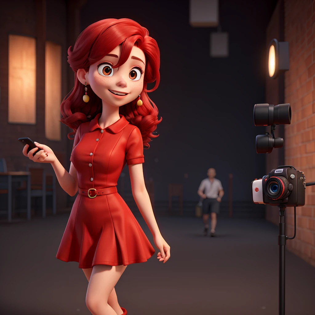 red hair woman, mobile phone, Red dress, Black background, town,
cameras. Fans, on one side located