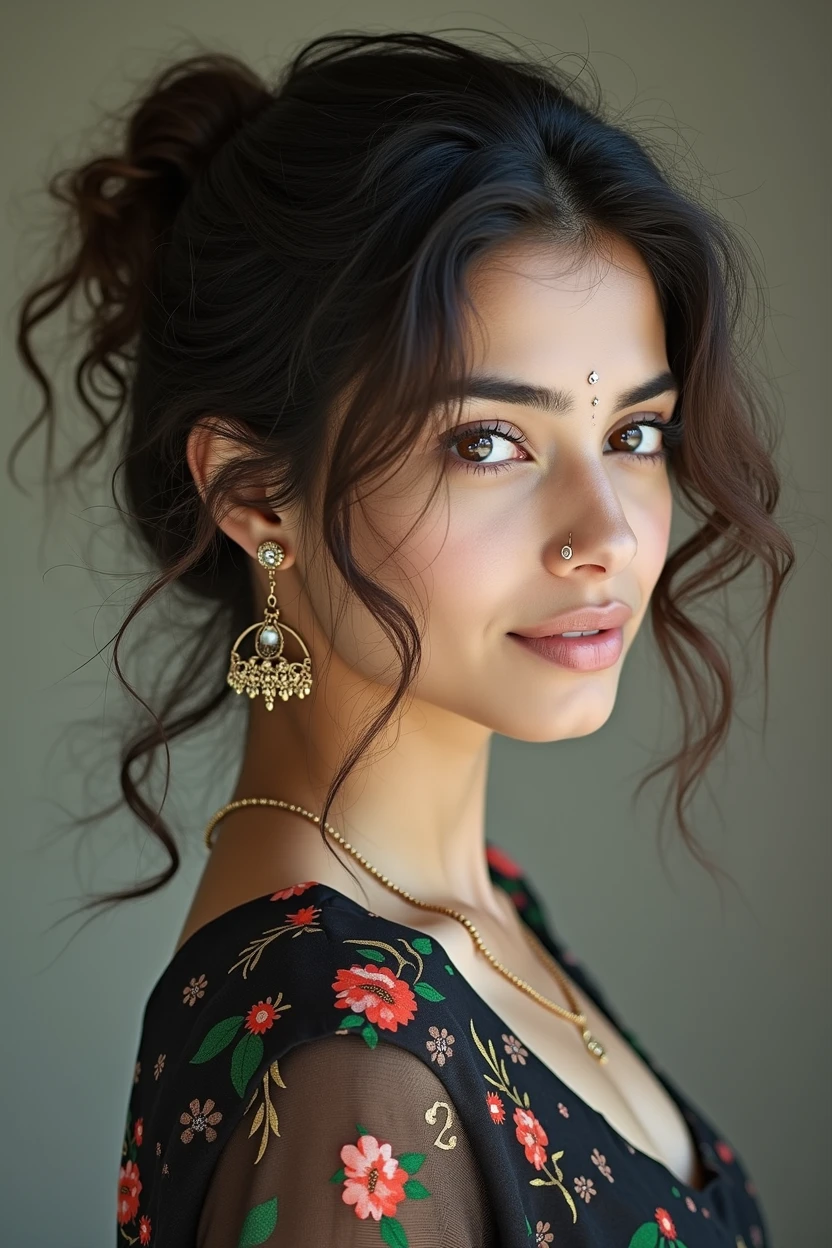 Beautiful ,23 years young Indian girl healthy, ,8k,realistic, raw photo,dark brown hair,fair skin, indian,long hair,clear facial features,, very detailed, 23years old, innocent face, natural wavy hair, high resolution, masterpiece, best quality, intricate details, highly detailed, sharp focus, detailed skin, realistic skin texture, texture, detailed eyes, professional, 4k, charming smile, shot on Canon, 85mm, shallow depth of field, kodak vision color, perfect fit body, extremely detailed, foto_\(ultra\), photorealistic, realistic, post-processing, maximum detail, roughness, real life, ultra realistic, photorealism, photography, 8k uhd, photography with bindi