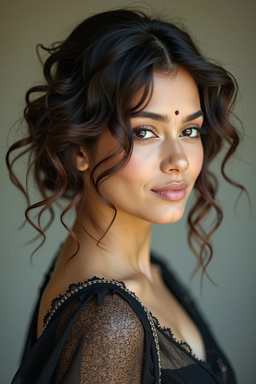 Beautiful ,23 years young Indian girl healthy, ,8k,realistic, raw photo,dark brown hair,fair skin, indian,long hair,clear facial features,, very detailed, 23years old, innocent face, natural wavy hair, high resolution, masterpiece, best quality, intricate details, highly detailed, sharp focus, detailed skin, realistic skin texture, texture, detailed eyes, professional, 4k, charming smile, shot on Canon, 85mm, shallow depth of field, kodak vision color, perfect fit body, extremely detailed, foto_\(ultra\), photorealistic, realistic, post-processing, maximum detail, roughness, real life, ultra realistic, photorealism, photography, 8k uhd, photography with bindi