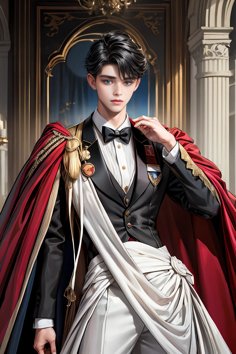 masterpiece, 最high quality, high quality, 1 boy, alone, Male focus, Watching the audience, Messy black hair, Adorable big blue eyes, White, Noble, Noble,A sexy, voluminous, puffy cape、tuxedo、A very voluminous, large, very large, very large, long, long red and black cape with a high stand-up collar, made of a lot of fabric that reaches down to the floor., 17 years old,Cute beautiful boys,Cute, cute, kind, handsome guy