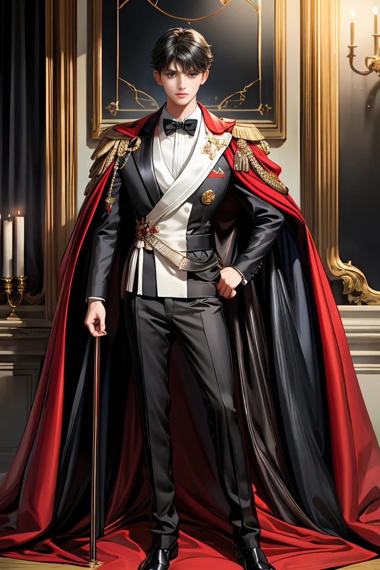 masterpiece, 最high quality, high quality, 1 boy, alone, Male focus, Watching the audience, Messy black hair, Adorable big blue eyes, White, Noble, Noble,A sexy, voluminous, puffy cape、tuxedo、A very voluminous, large, very large, very large, long, long red and black cape with a high stand-up collar, made of a lot of fabric that reaches down to the floor., ,Cute beautiful boys,Cute, cute, kind, handsome guy