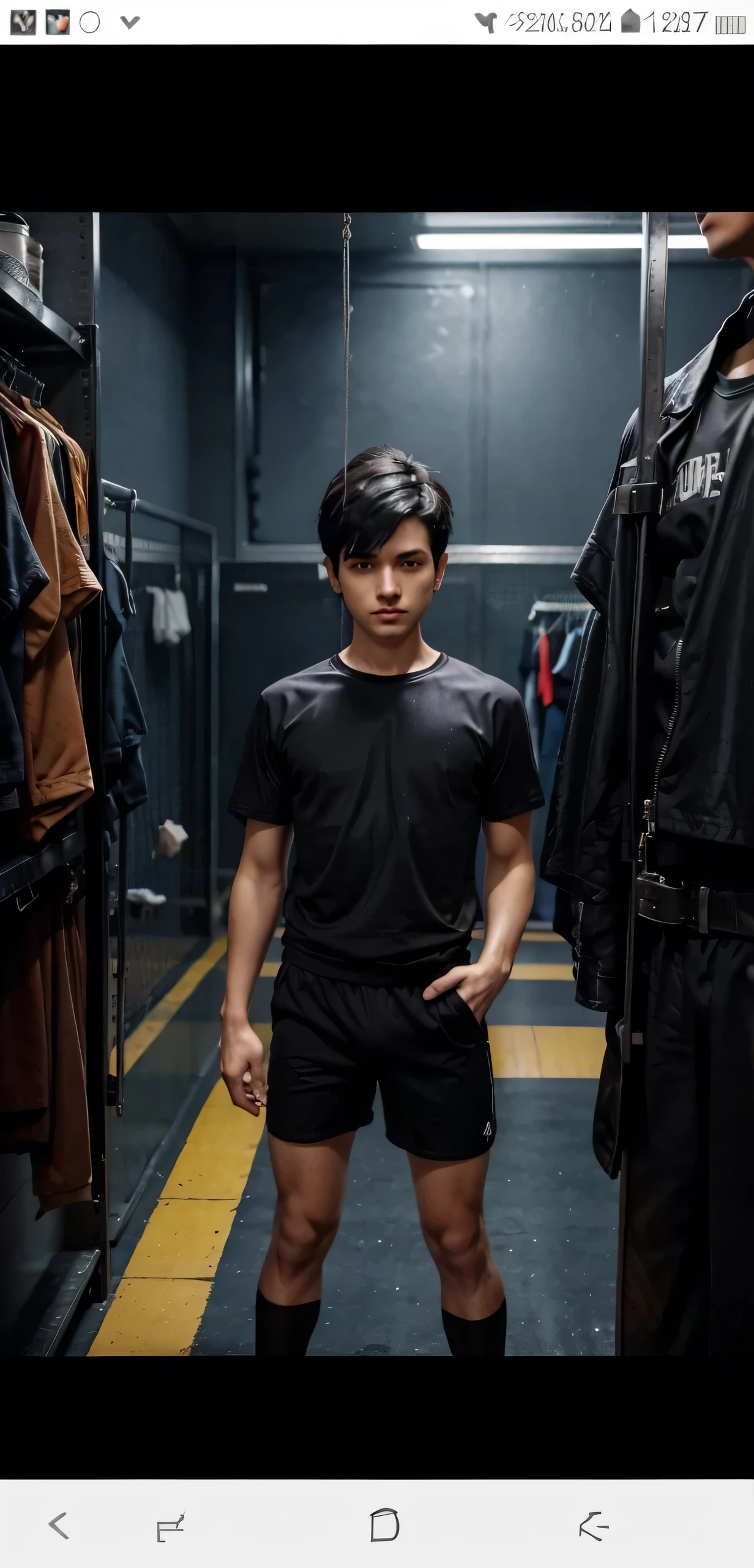 Cute prison boys, spandex shorts:1.2, black hair, (his tall is shorter than others:1.2), 5 boys talking, (25 years old:1.2), detailed big hard bulge, drop shoulder t Shirt and full pant