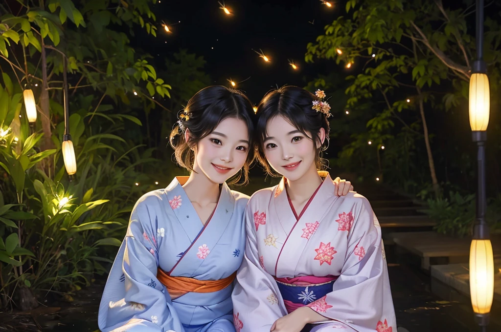 Highest quality masterpiece A very pretty woman is wearing a yukata and smiling as she watches a bunch of fireflies flying around Photo style Real Fantasy