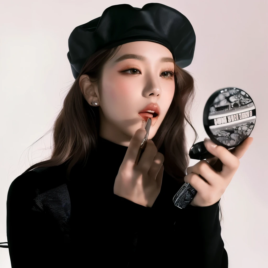there is a woman that is putting on lipstick and a mirror, popular south korean makeup, popular korean makeup, portrait of jisoo of blackpink, jisoo of blackpink, portrait jisoo blackpink, jisoo of blackpink, blackpink, korean women's fashion model, black beret, lee ji-eun, lee ji - eun, korean artist