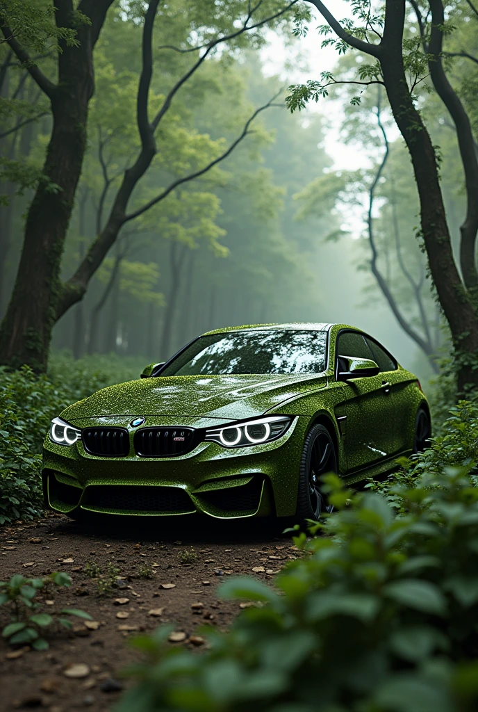 Make a camouflaged Bmw m4 that looks like a bush to escape a robbery