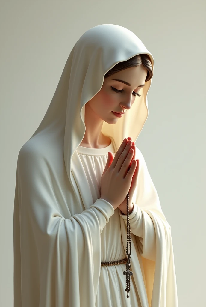 Create images of Our Lady with a white veil, modest white dress, with hands folded in prayer with a rosary, looking down