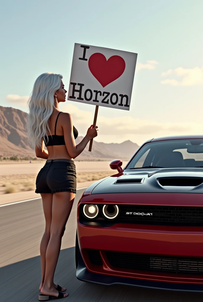 a beautiful woman with white hair, holding a sign with the text "I love Forza Horizon", ao lado de um dodge charger srt hellcat