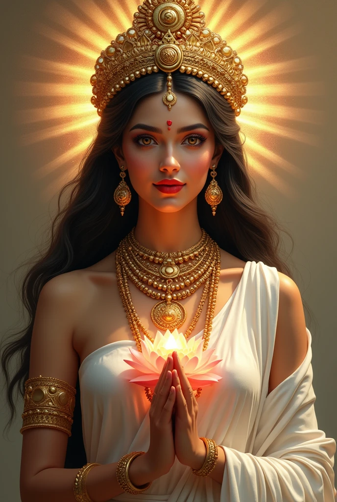 An indian Goddess. Perfectly shaped. Long straight thick hair. White skin with Golden glow. Forehead smeared with red vermillion. Wearing white blouse. a crown. Adorned with golden ornaments. 
Holding lotus in left hand. Right hand in blessing posture. 
Dark eyes and thick lips.