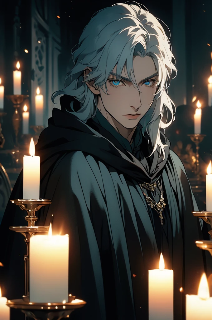 (masterpiece, 32k, 8k) very detailed image, naturally handsome young man, pale skin, shoulder-length silver hair, deep cyan eyes, (beautiful black cloak), image focused on the character's face, character looking fixedly at the viewer, cynical expression, dark background lit by candles