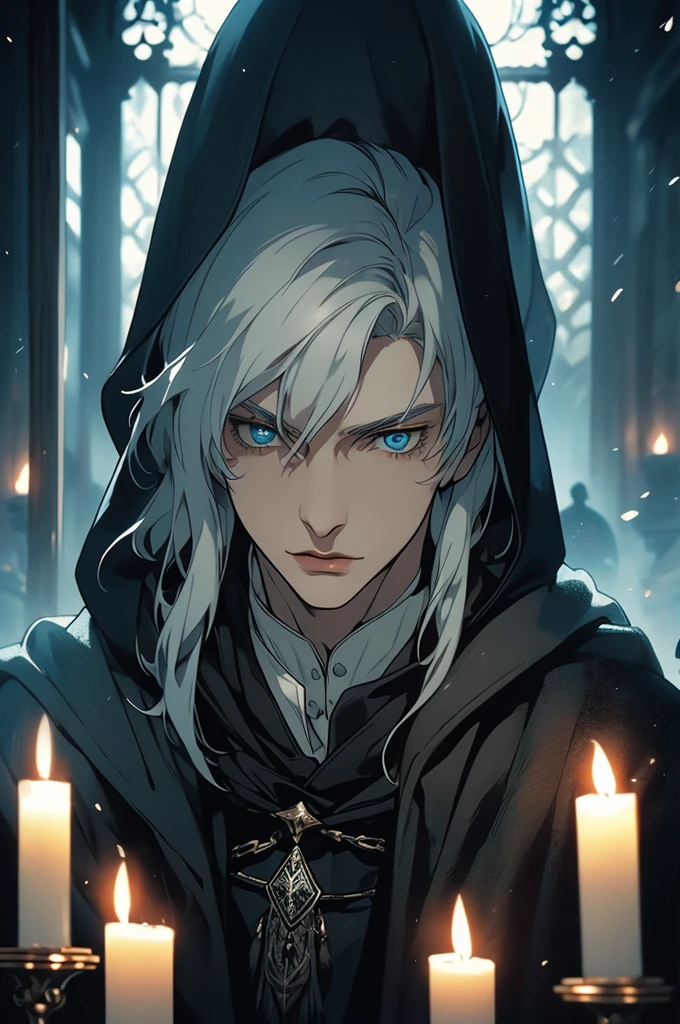 (masterpiece, 32k, 8k) very detailed image, naturally handsome young man, pale skin, shoulder-length silver hair, deep cyan eyes, (beautiful black cloak), image focused on the character's face, character looking fixedly at the viewer, cynical expression, dark background lit by candles