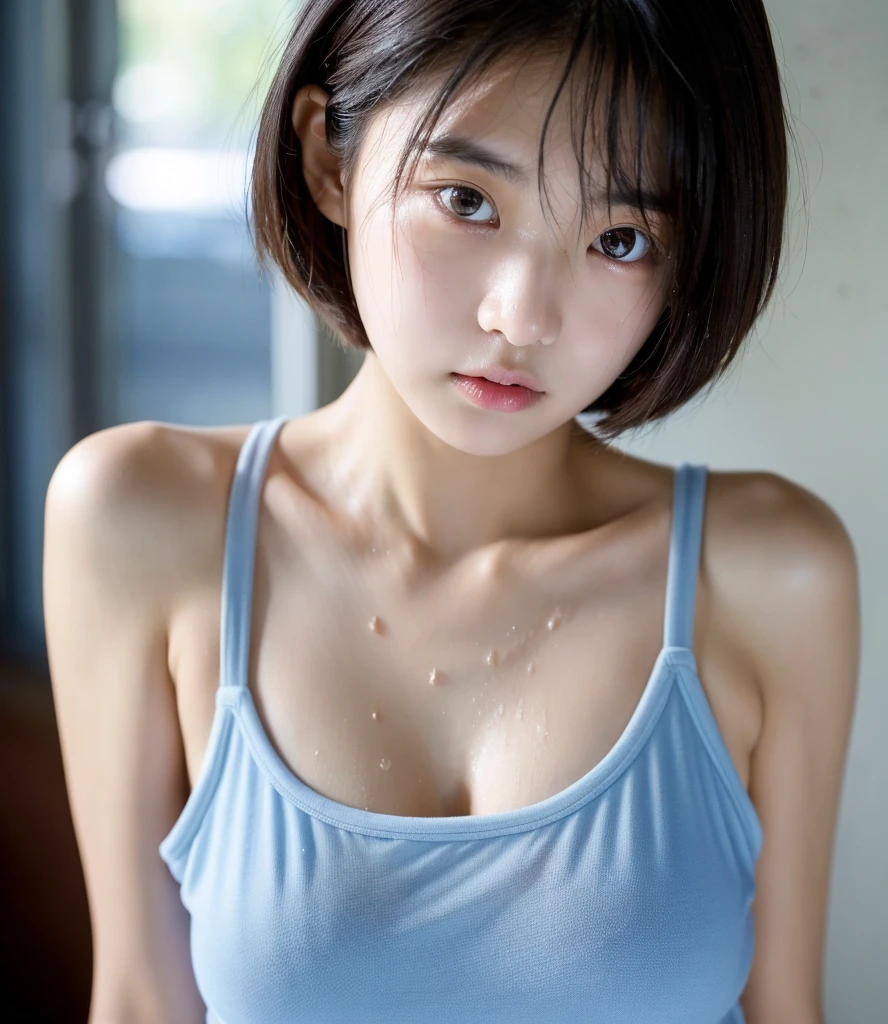 Korean teenage girl, naked, sweat, wet, blue eye color, short shoulder length hair, cute breasts