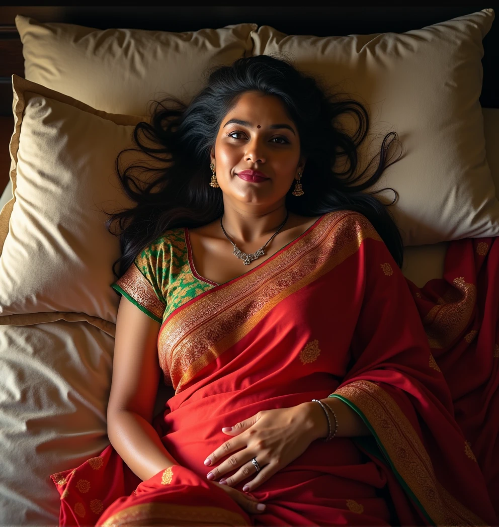 1girl, sexy, 45 years old Indian woman, (mature woman:1.3), middle aged bhabhi, lying down on bed, (freckles:0.2), lying on bed, bedroom, detailed background, indoor, hires, (photorealistic:1.4), wide shot, full body photo, beautiful fluffy saree, thick curvy aunty, highly detailed, hyper realistic, traditional colourful saree, wind blowing, big chest, dusky skin, most beautiful woman, beautiful body, beautiful eyes nose lips, superb lighting, shot from above, shot from some distance, wide angle view